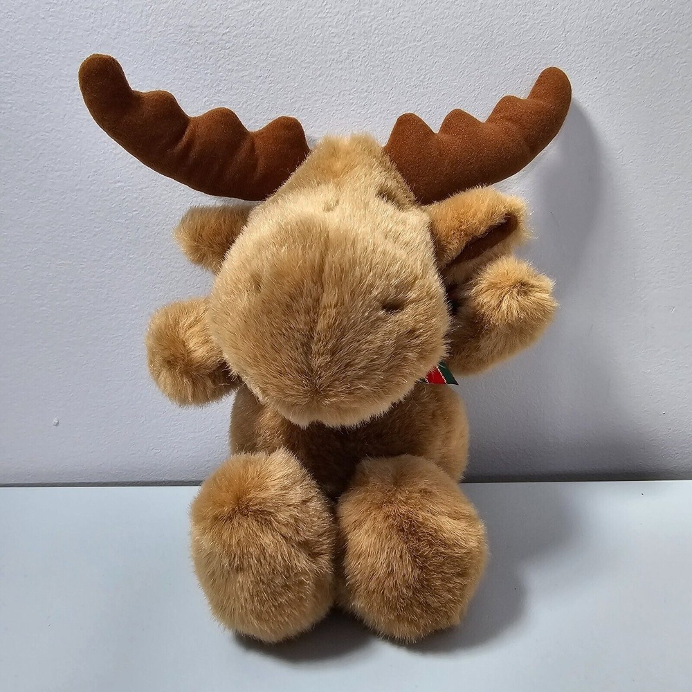 Prestige Toy Corp Moose Plush Vintage 1990 Tan‎ Brown Plaid Ribbon Cabin